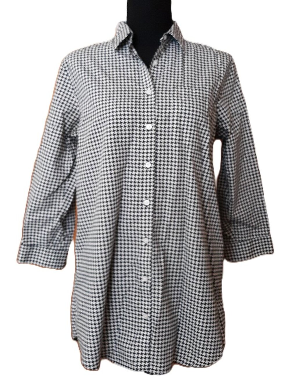 Lands' End Button Up Collard Shirt Blouse No Iron Supema Cotton Houndstooth